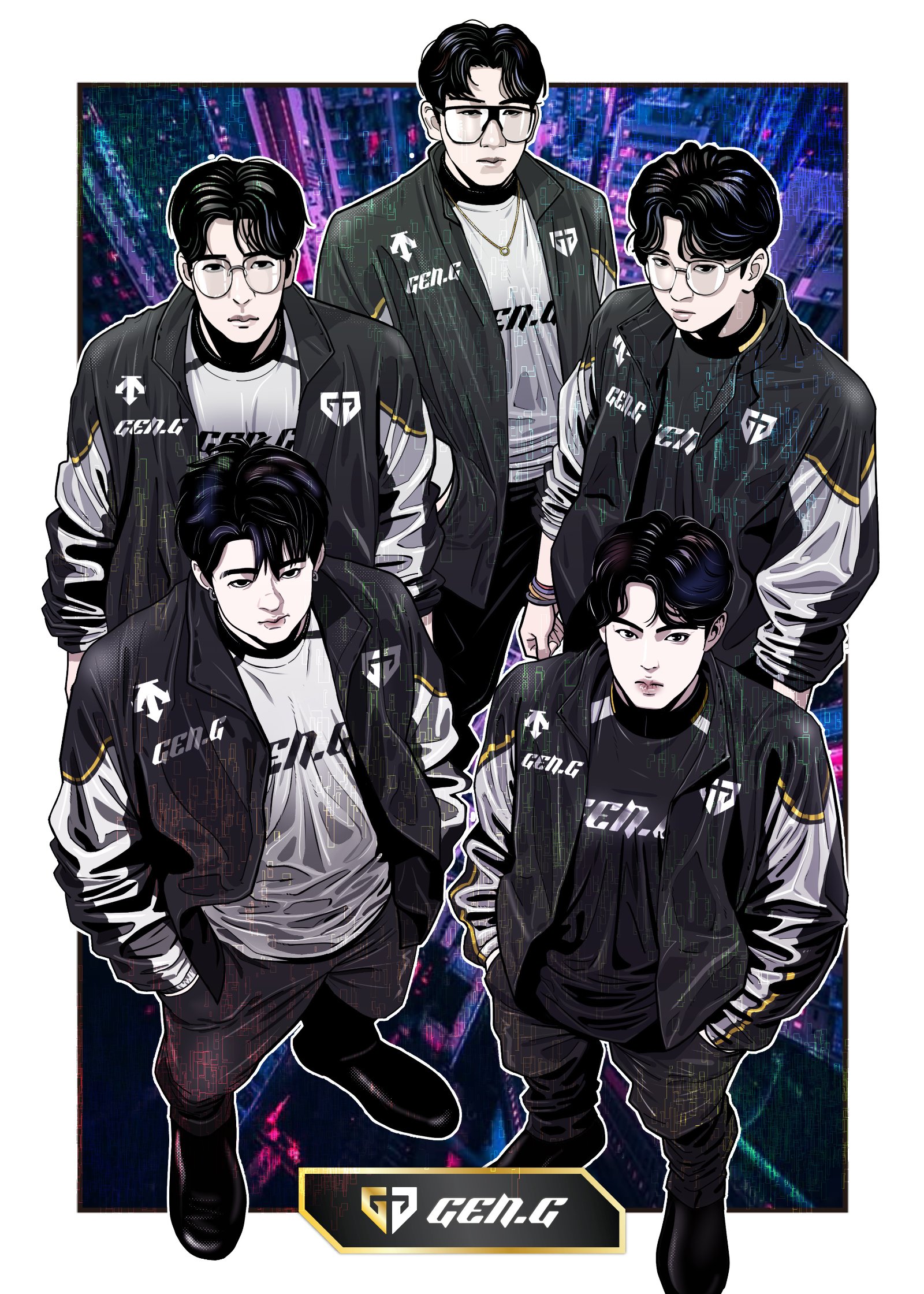 BBKei繪製的Gen.G五人黑白服裝團隊插畫官方卡圖