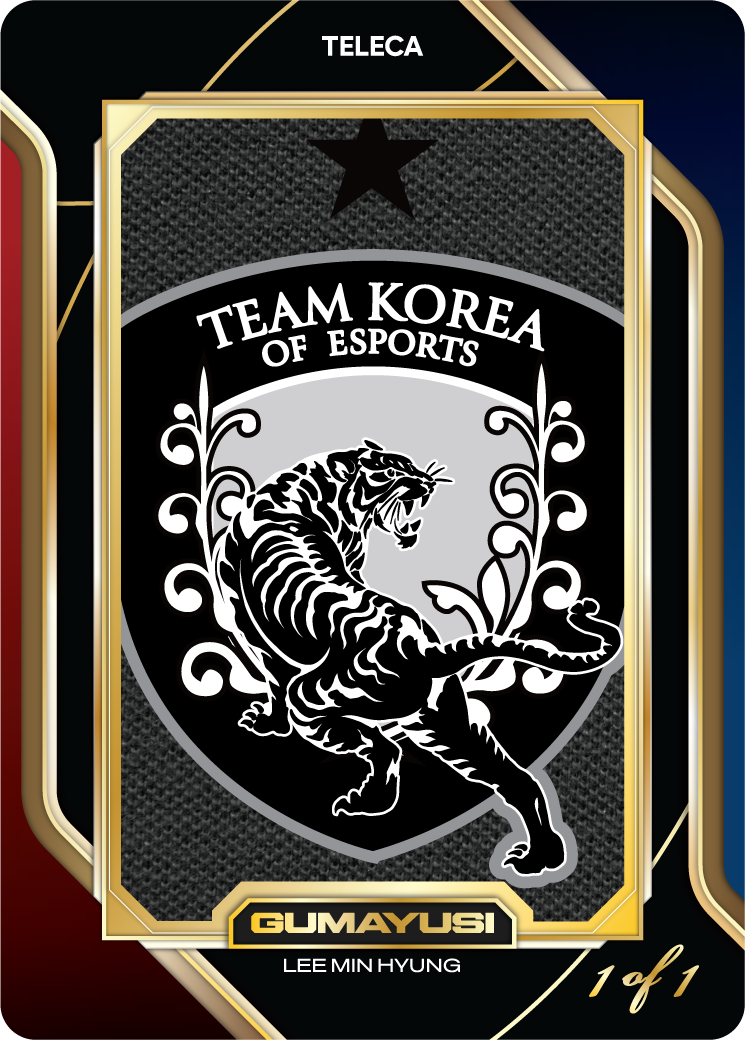 Gumayusi Masterpiece Patch 官方示意卡,Team Korea 虎徽與 1 of 1 標示