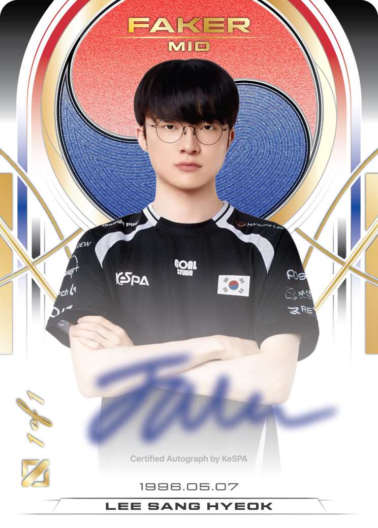 Faker 國家隊 On-card Autograph 官方示意卡,紅藍太極色調與簽名區